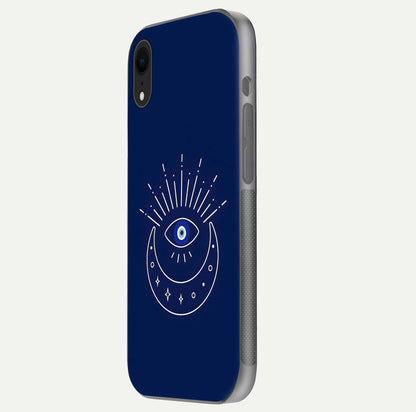 Blue Evil Eye Glass Case for iPhone Xr side-angle view showing edge glow, color balance, and reflective surface