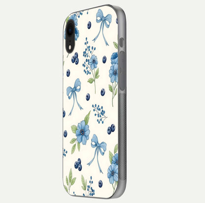Blue Flower & Bow Glass Case for iPhone Xr side-angle image showing bow-floral mix and HD finish shine
