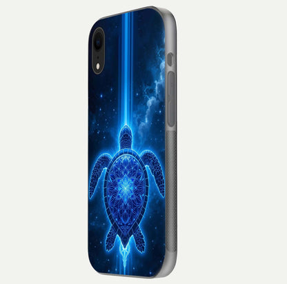 Blue Galaxy Turtle Glass Case for iPhone Xr side-angle photo capturing galaxy shine and smooth edge design
