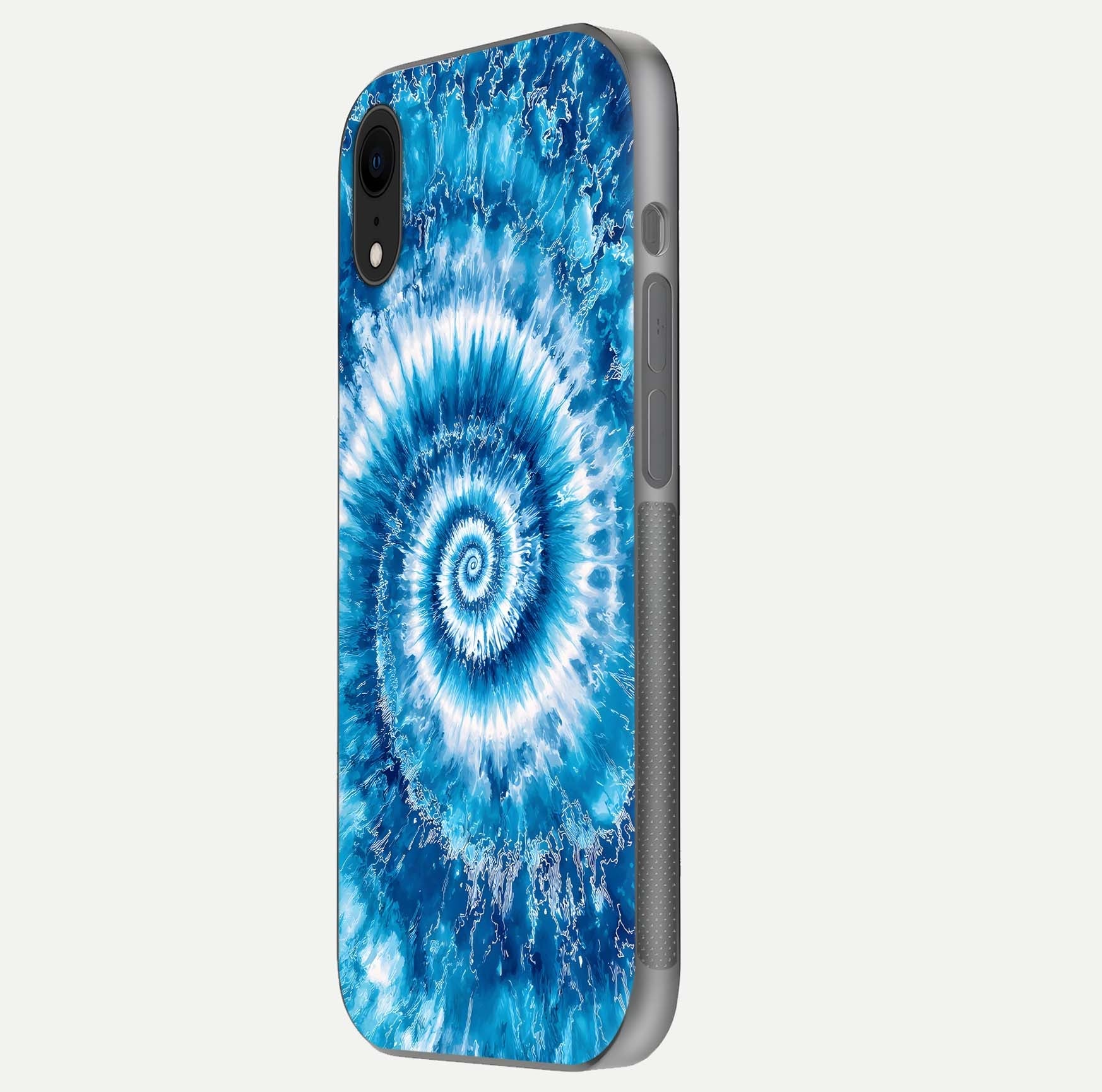 Blue Galaxy Wave Glass Case for iPhone Xr side-angle image showing wave ripple art and glass gloss
