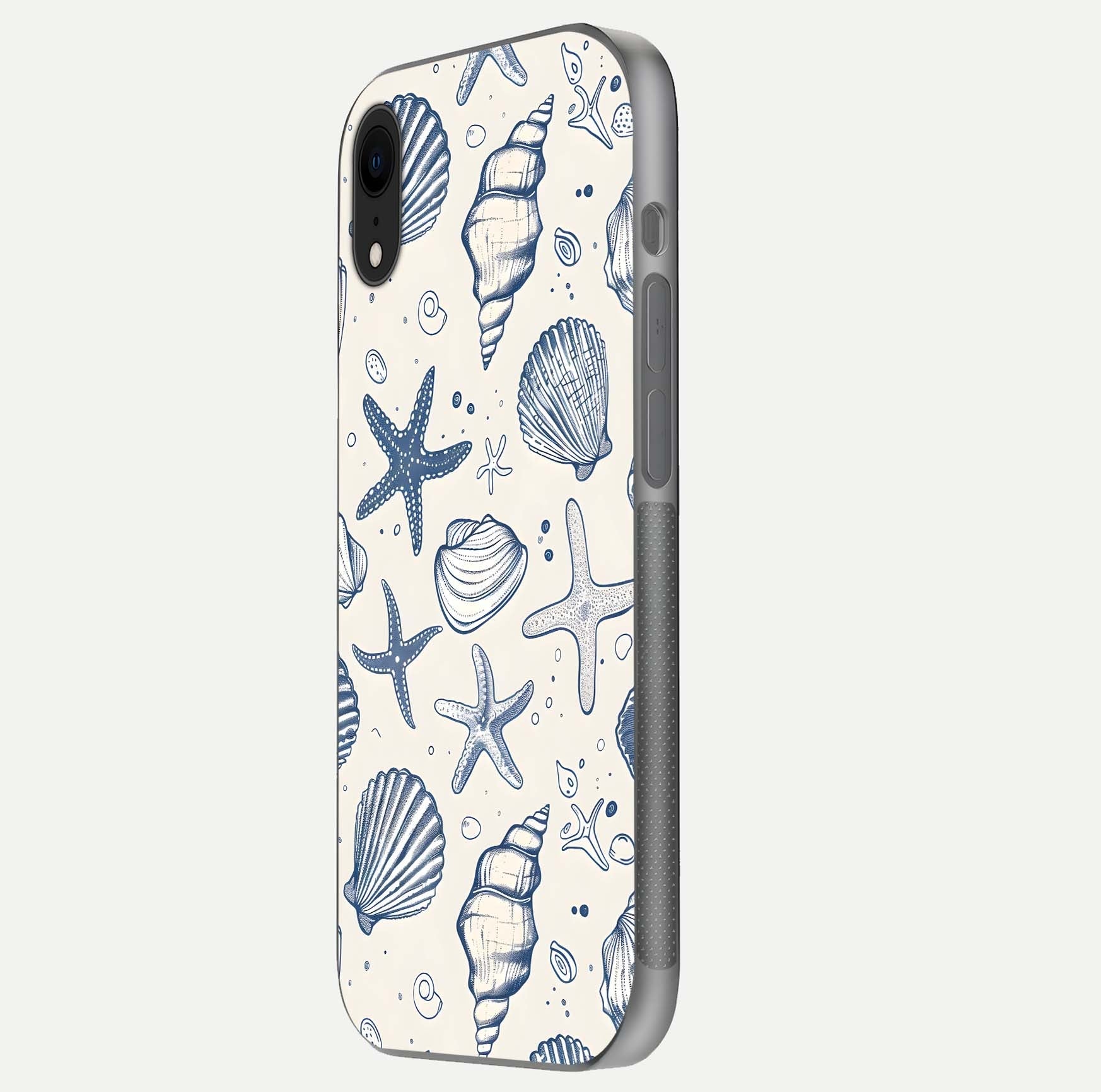 Blue Ocean Outline Glass Case for iPhone Xr side-angle view showing clear edge lines and oceanic blue glow