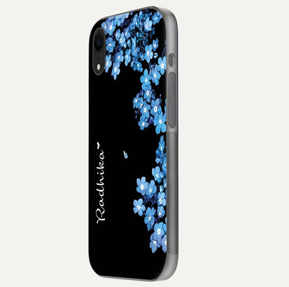 Blue Petal Dream Custom Name Glass Case for iPhone Xr side-angle image showing name print clarity and smooth gloss