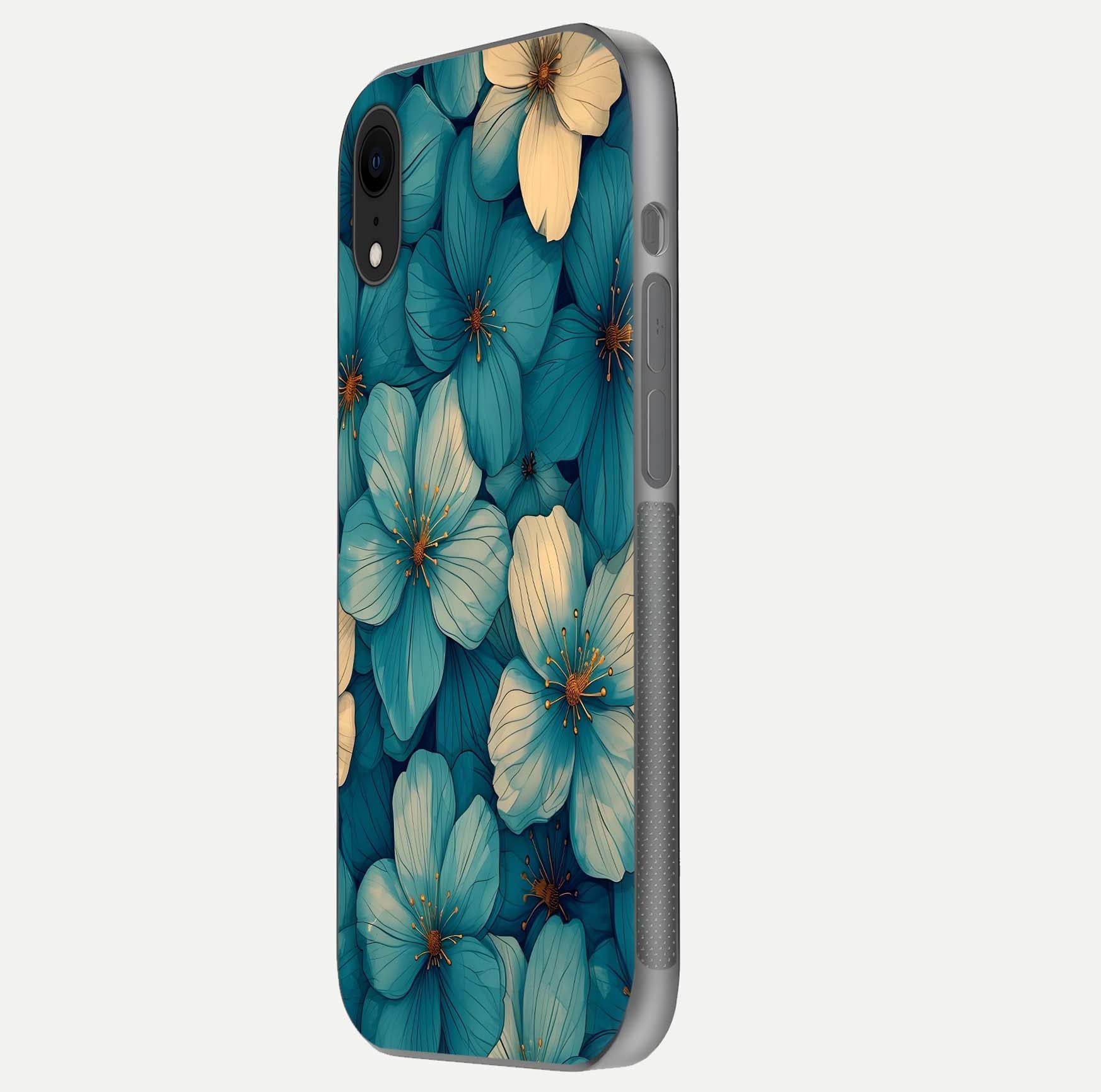 Blue Shade Floral Glass Case for iPhone Xr side-angle photo showing detailed floral hues and curved glass shine