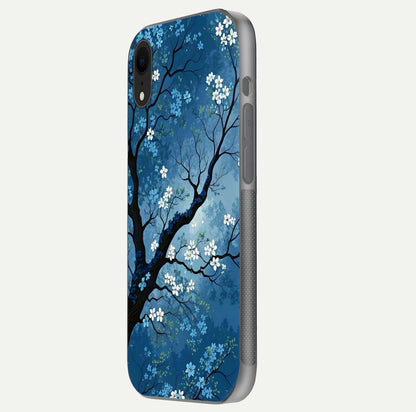 Blue Tree Serenity Glass Case for iPhone Xr side-angle shot showing glossy edge and tree pattern reflection