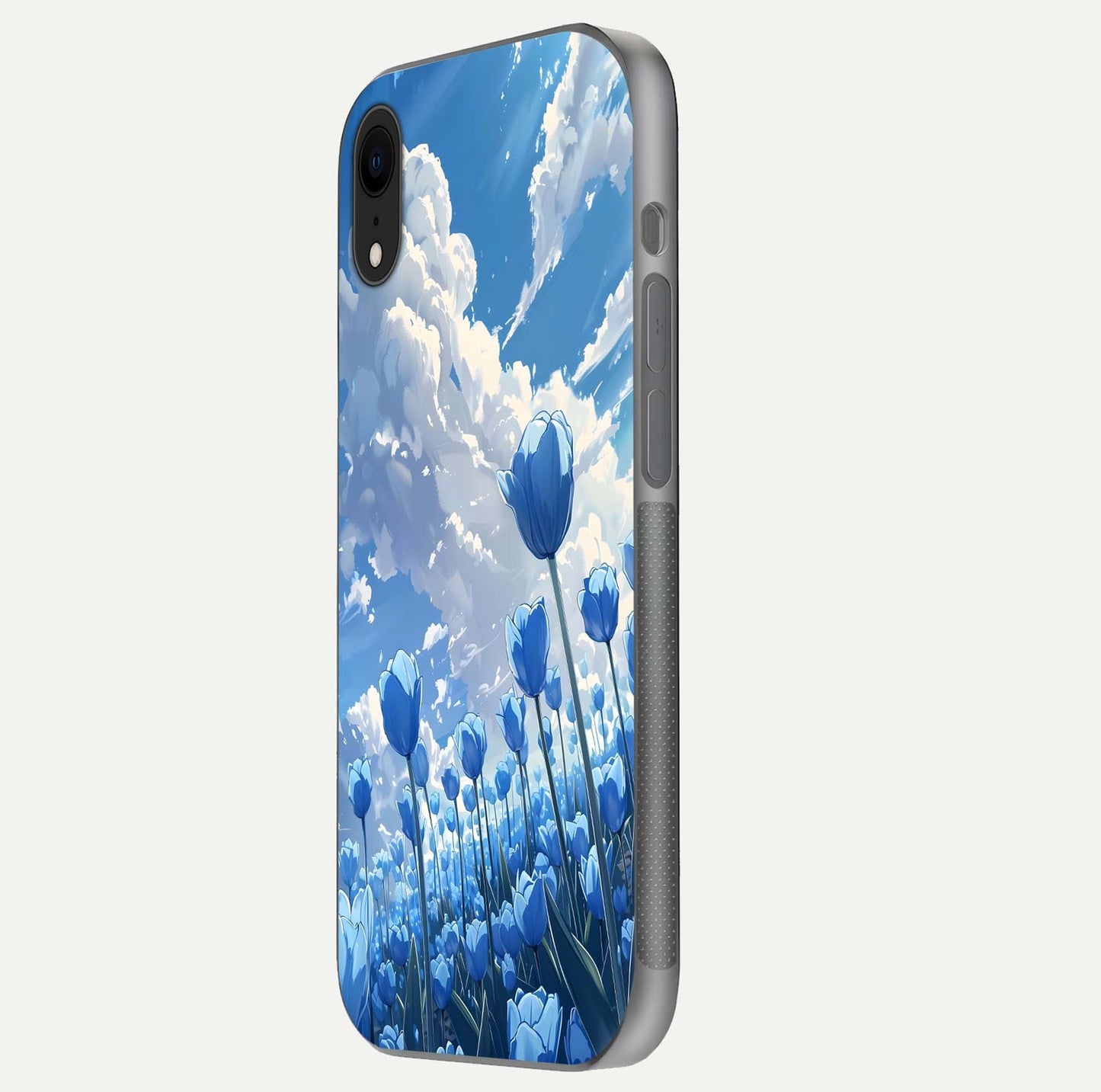 Blue Tulip Clouds Glass Case for iPhone Xr side-angle image showing edge curve and flower reflection glow