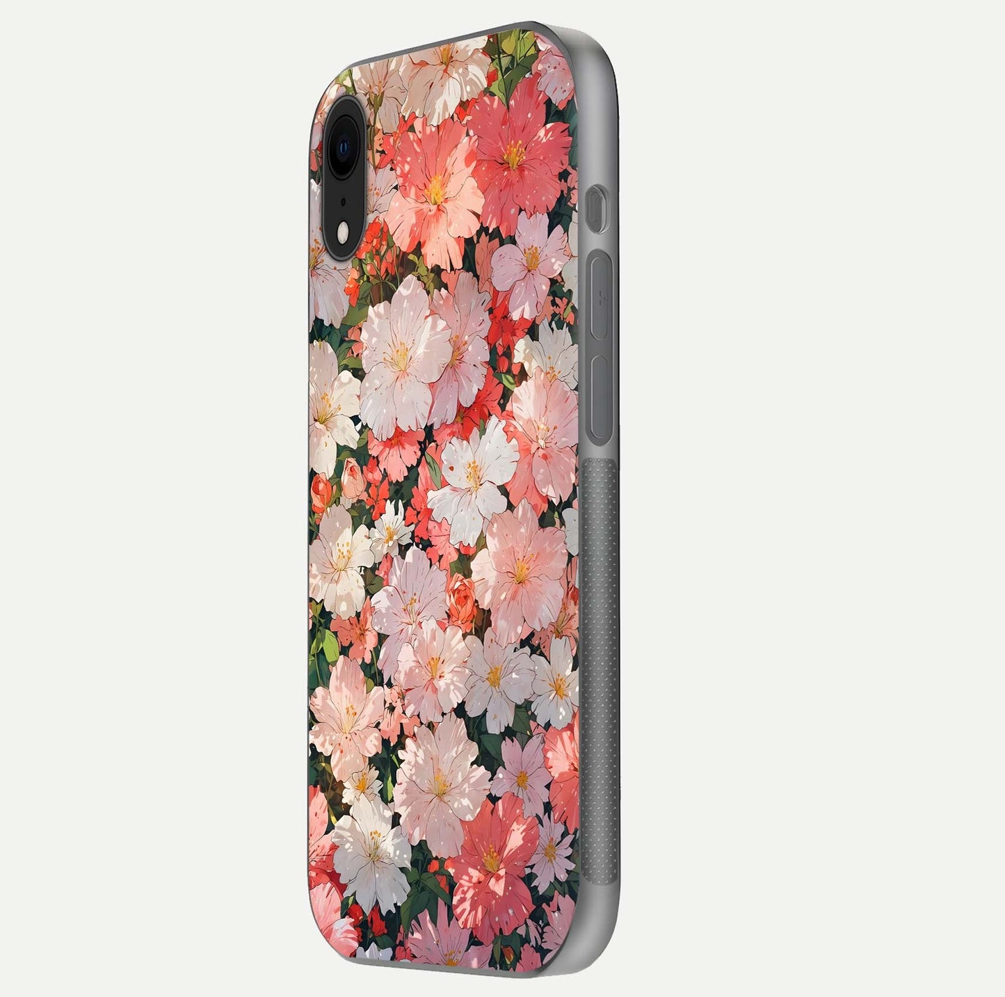 Blush Bloom Field Glass Case for iPhone Xr side-angle image showing petal pattern gloss and smooth edges