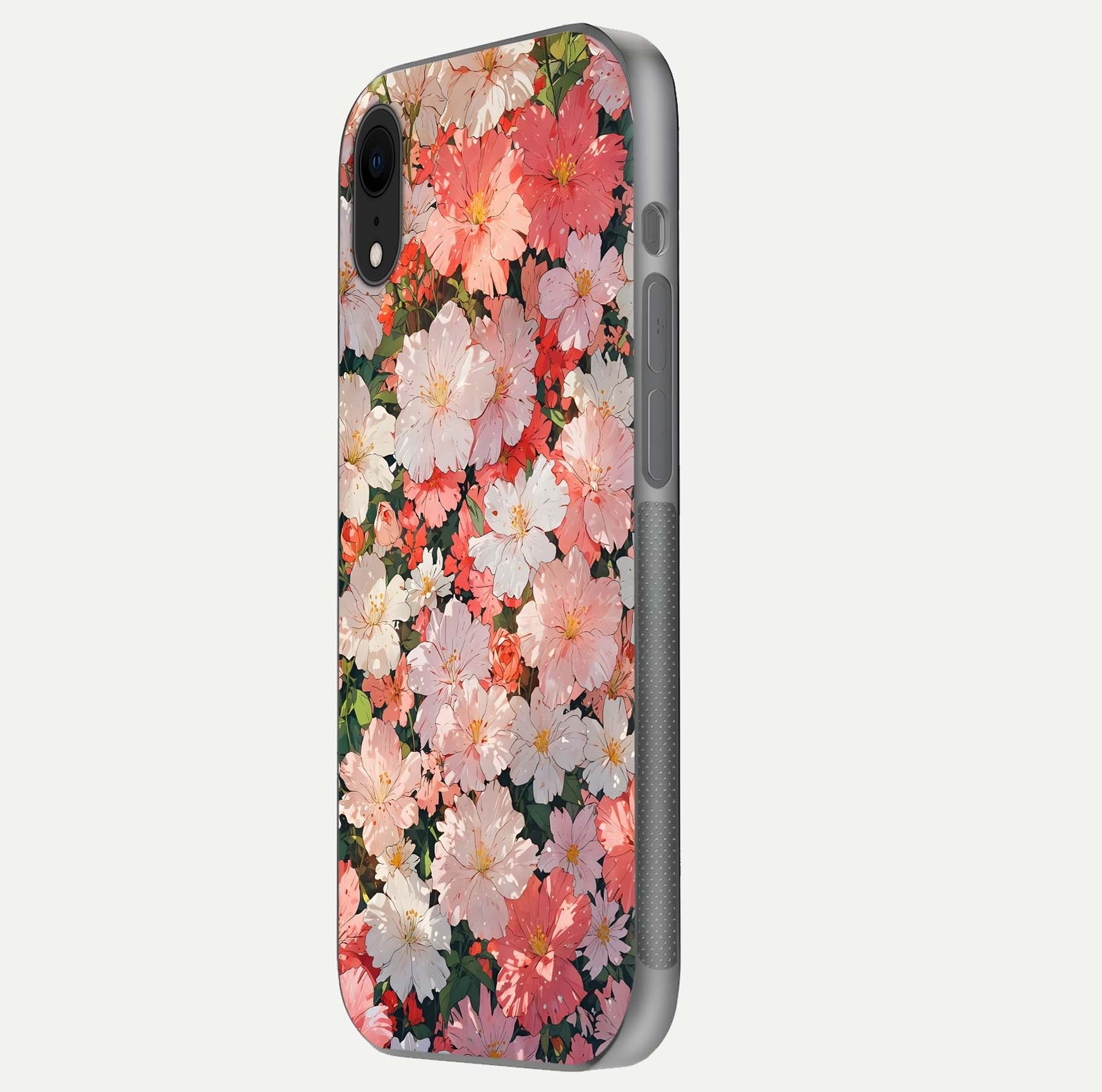 Blush Bloom Field Glass Case for iPhone Xr side-angle image showing petal pattern gloss and smooth edges