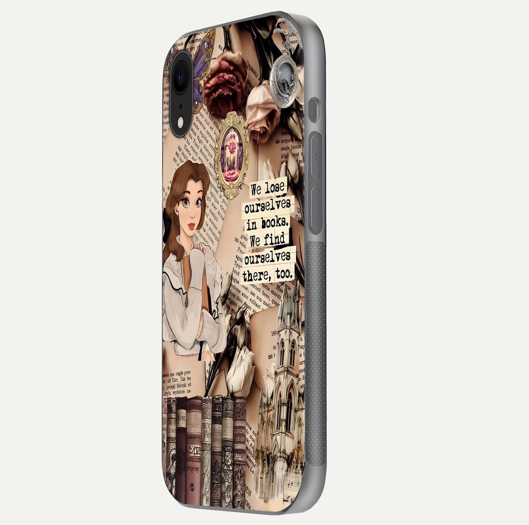 Bookish Dream World Glass Case for iPhone Xr side-angle image showing detail depth and smooth corner polish