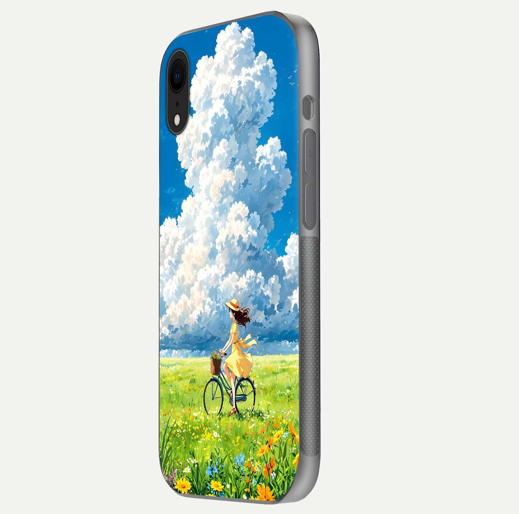 Breezy Meadow Ride Glass Case for iPhone Xr side-angle image showing floral details and edge glow