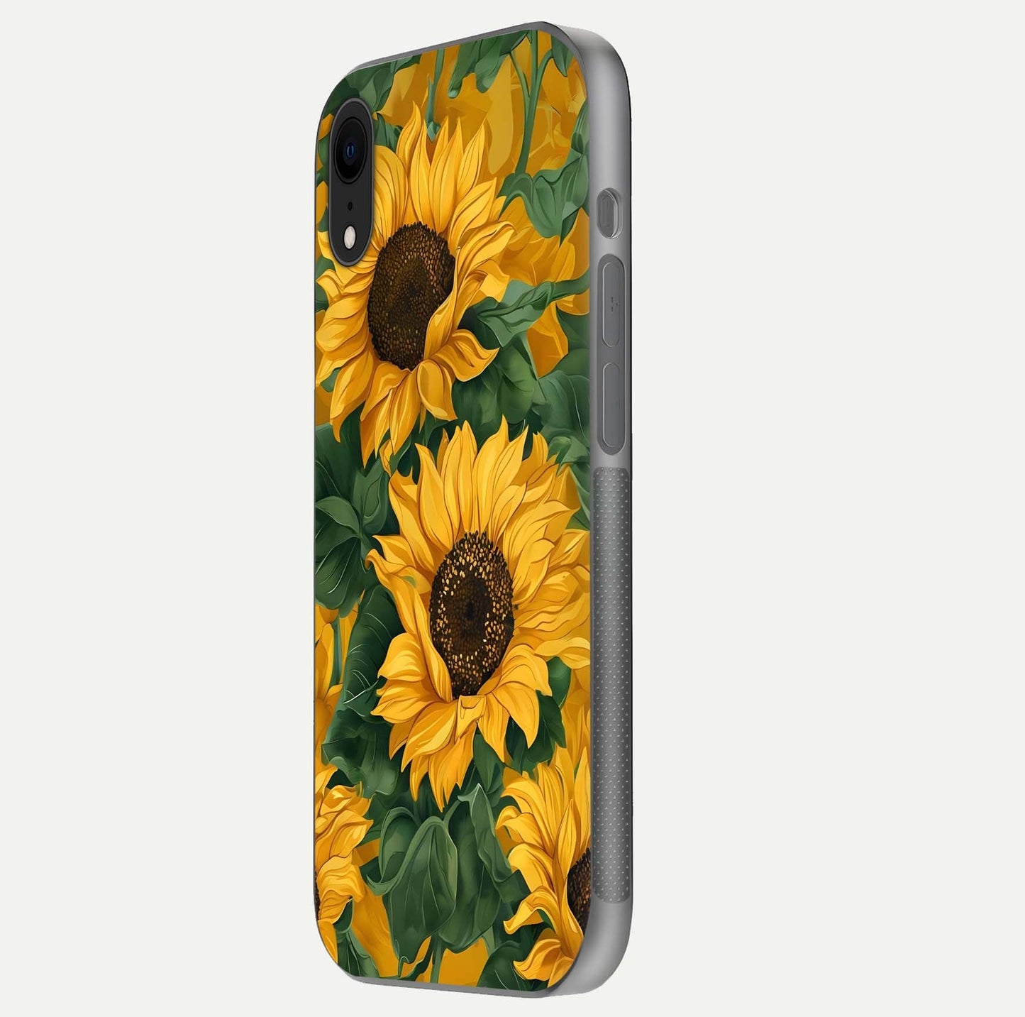 Bright Sunflower Bloom Glass Case for iPhone Xr side-angle image showing shine texture and detailed bloom