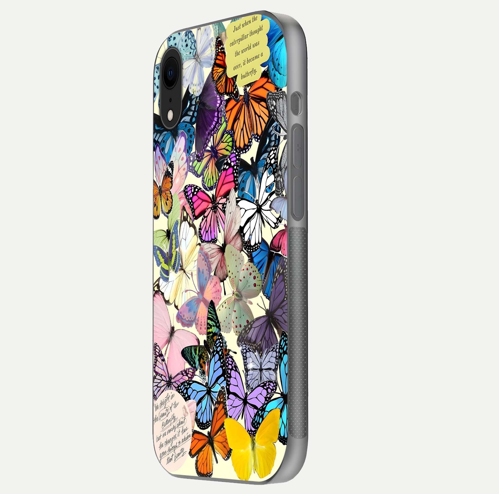Butterflies Petal Dream Glass Case for iPhone Xr side-angle shot showing butterfly motion and curved edges