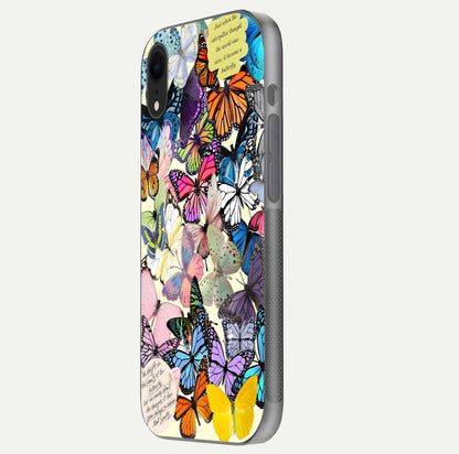 Butterflies Petal Dream Glass Case for iPhone Xr side-angle shot showing butterfly motion and curved edges