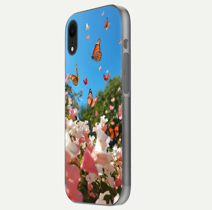 Butterflies in Bloom Sky Glass Case for iPhone Xr side-angle image showing delicate details and gloss polish