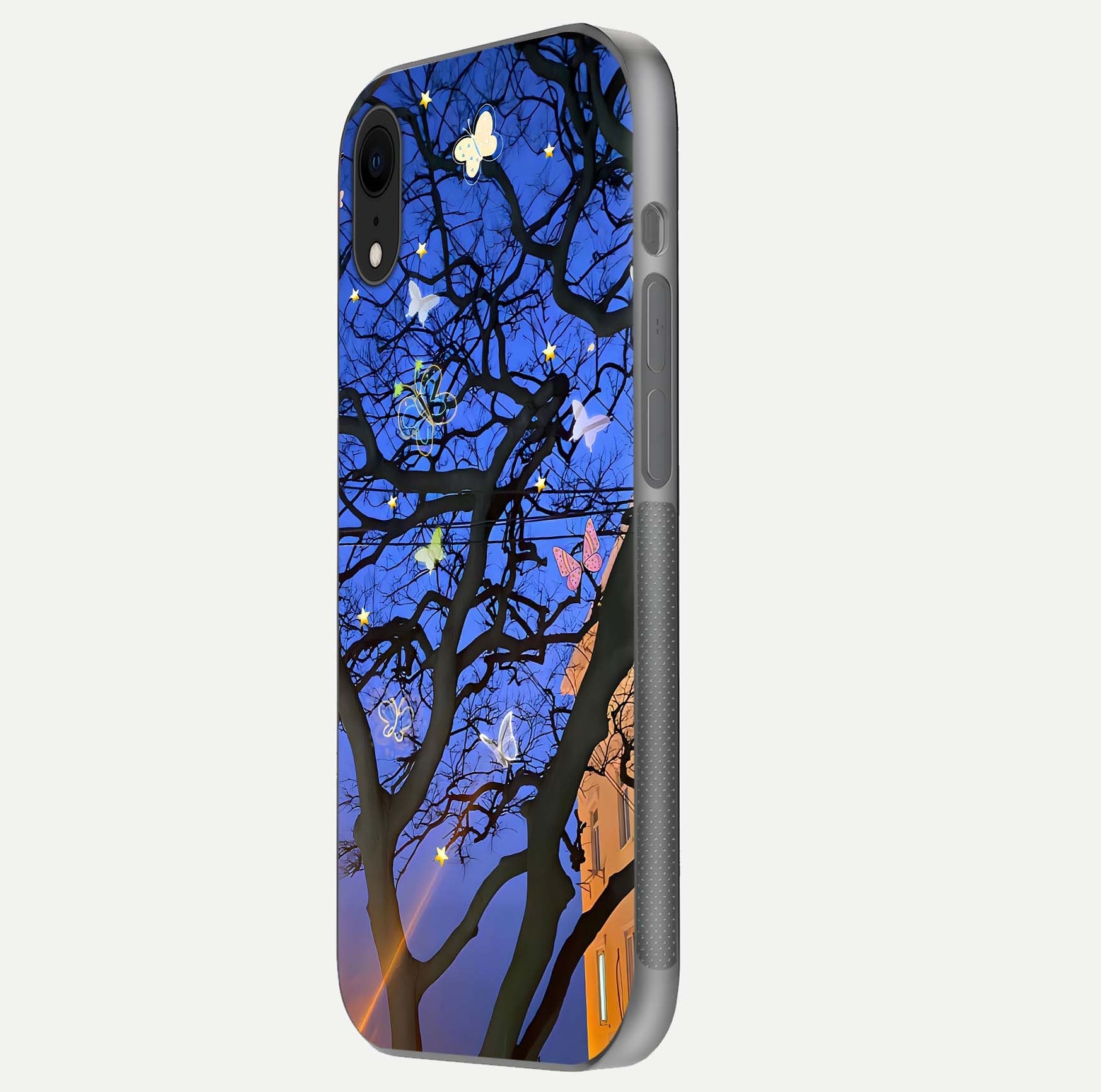 Butterfly Night Magic Glass Case for iPhone Xr side-angle view capturing butterfly contrast and glossy depth