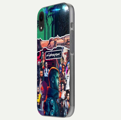 CYBERPUNK Legacy Glass Case for iPhone Xr side-angle photo showing edge glow and reflective surface