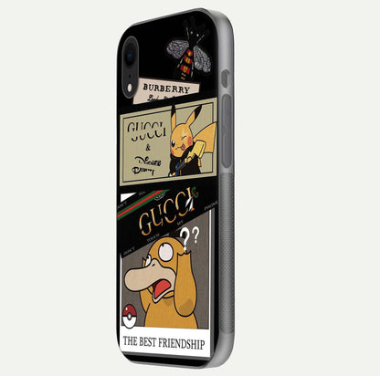 Cartoon Brand Play Mashup Glass Case for iPhone Xr side-angle image showing reflection brightness and fun graphic mix
