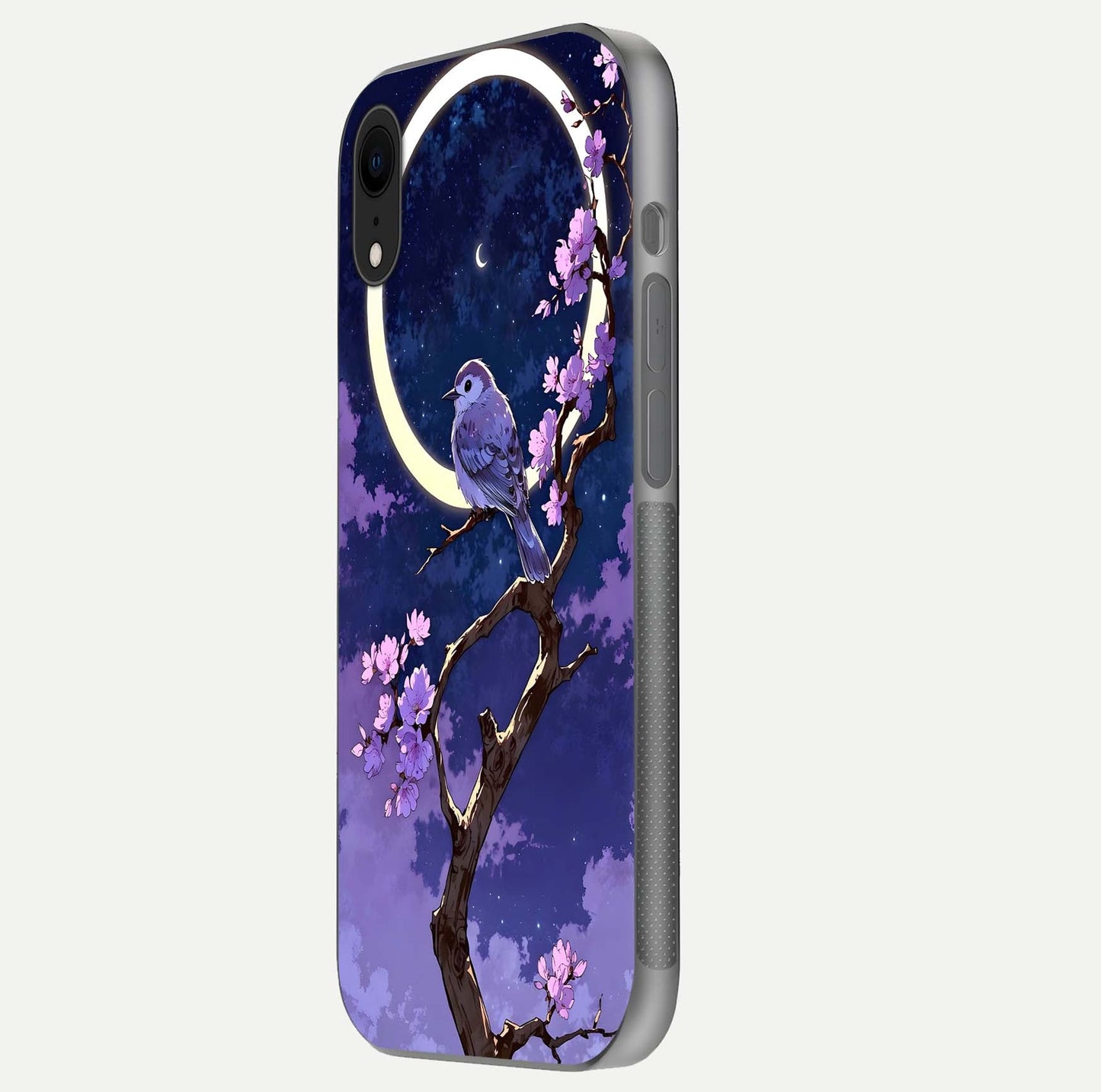 Celestial Bird Blossom Glass Case for iPhone Xr side-angle image showing detailed wings and glossy polish
