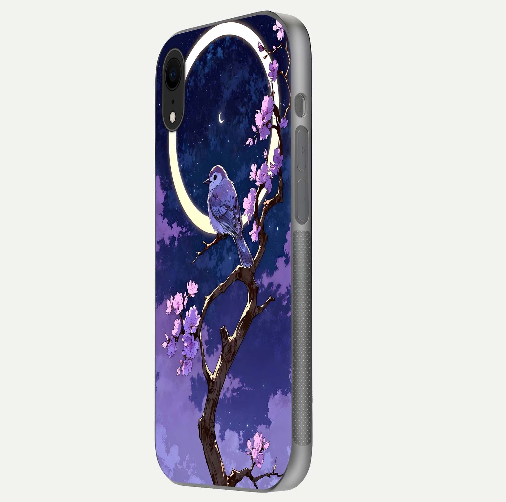 Celestial Bird Blossom Glass Case for iPhone Xr side-angle image showing detailed wings and glossy polish