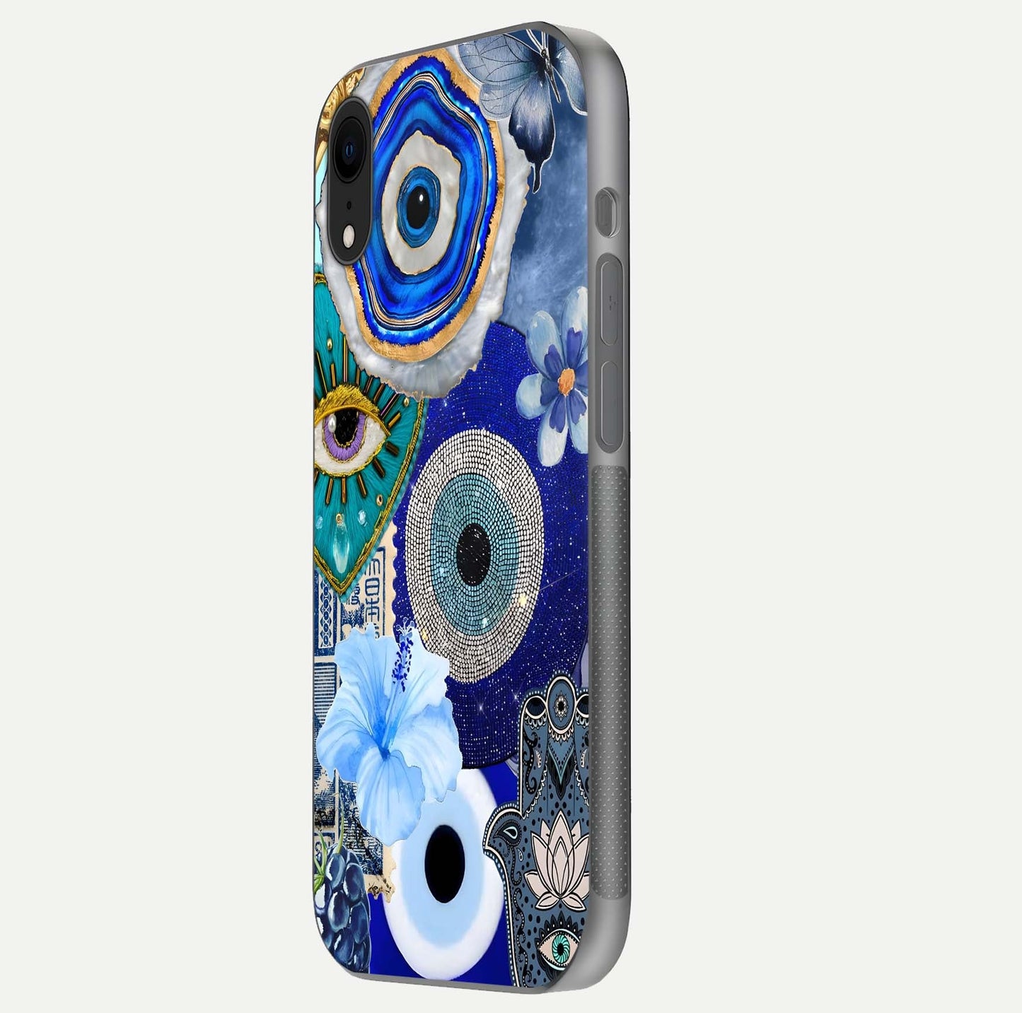 Celestial Blue Vision Glass Case for iPhone Xr side-angle image capturing starlight shimmer and glass reflection