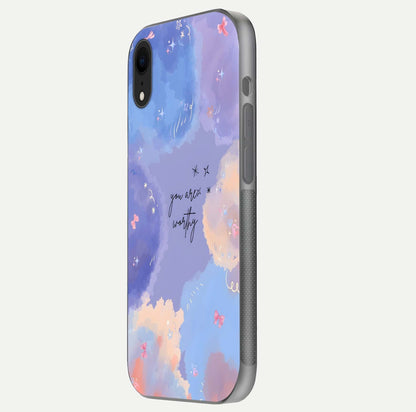 Celestial Cloud Magic Glass Case for iPhone Xr side-angle photo showing edge reflection and dreamy texture