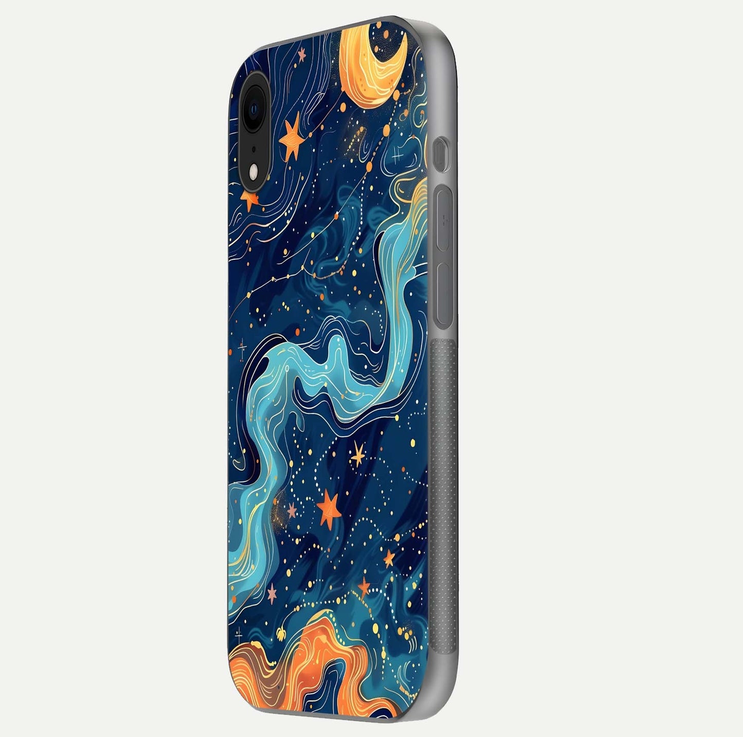 Celestial Dream Flow Glass Case for iPhone Xr side-angle image capturing color swirl and glass reflection