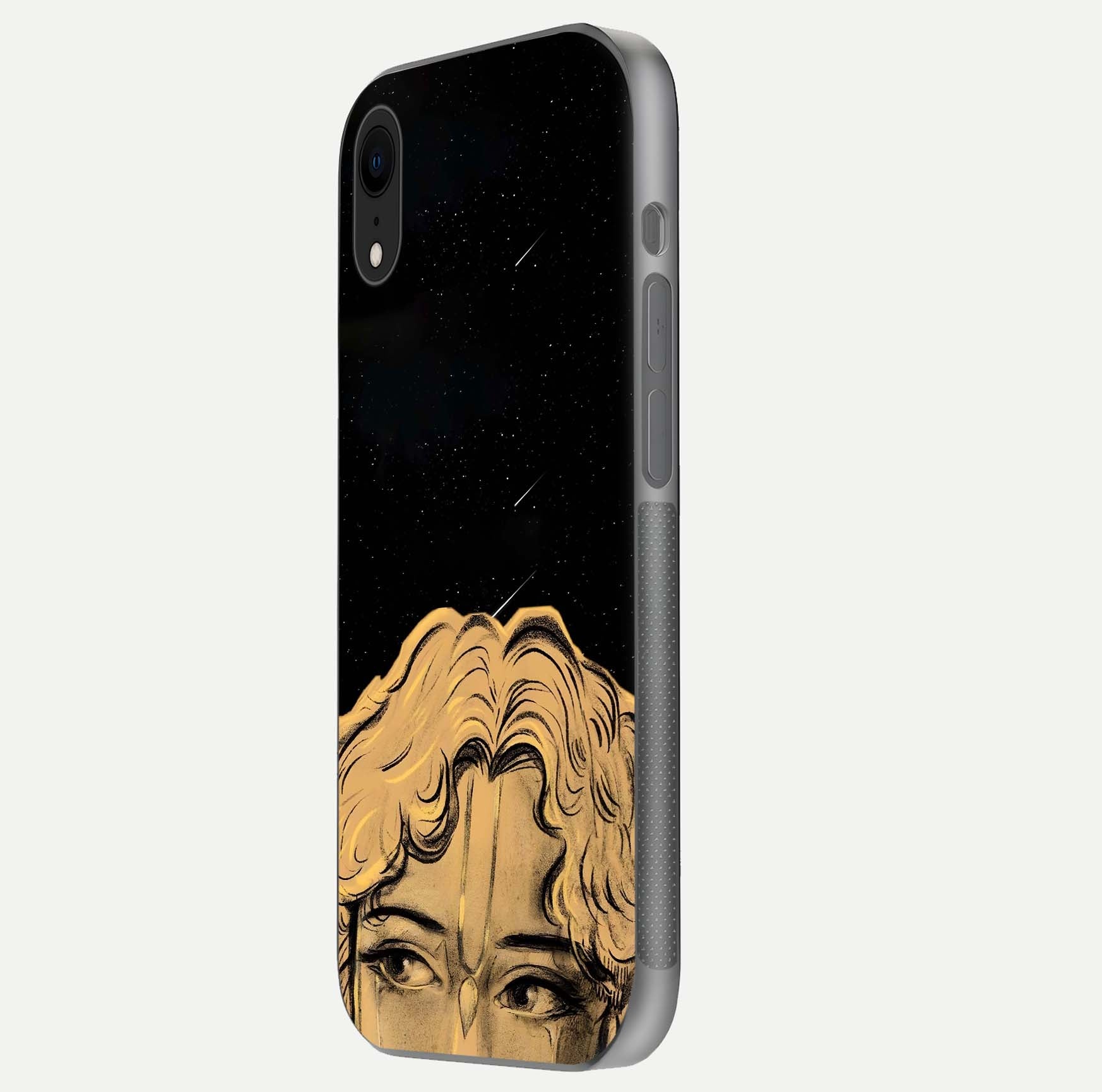 Celestial God’s Plan Glass Case for iPhone Xr side-angle image showing gloss, camera frame, and cosmic tones