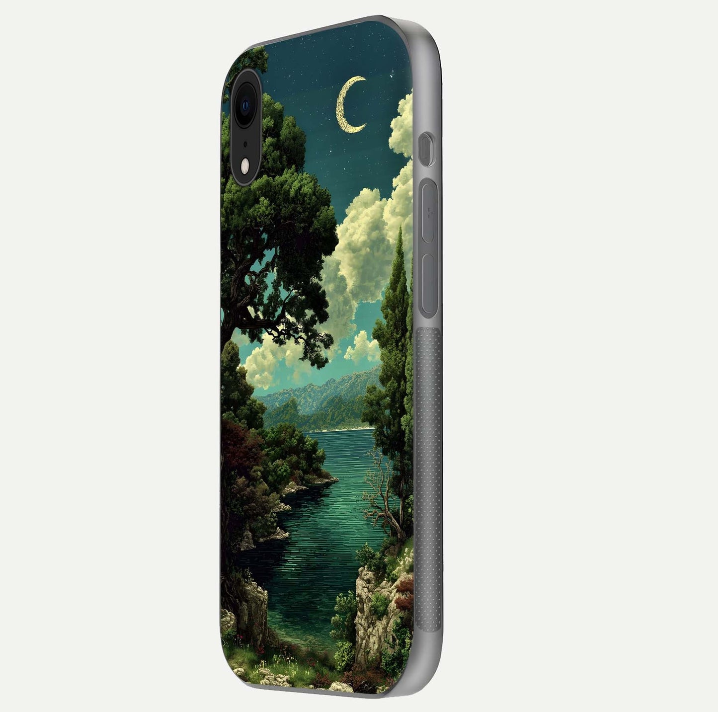 Celestial Lake Peace Glass Case for iPhone Xr side-angle image displaying reflective glow and gentle edges
