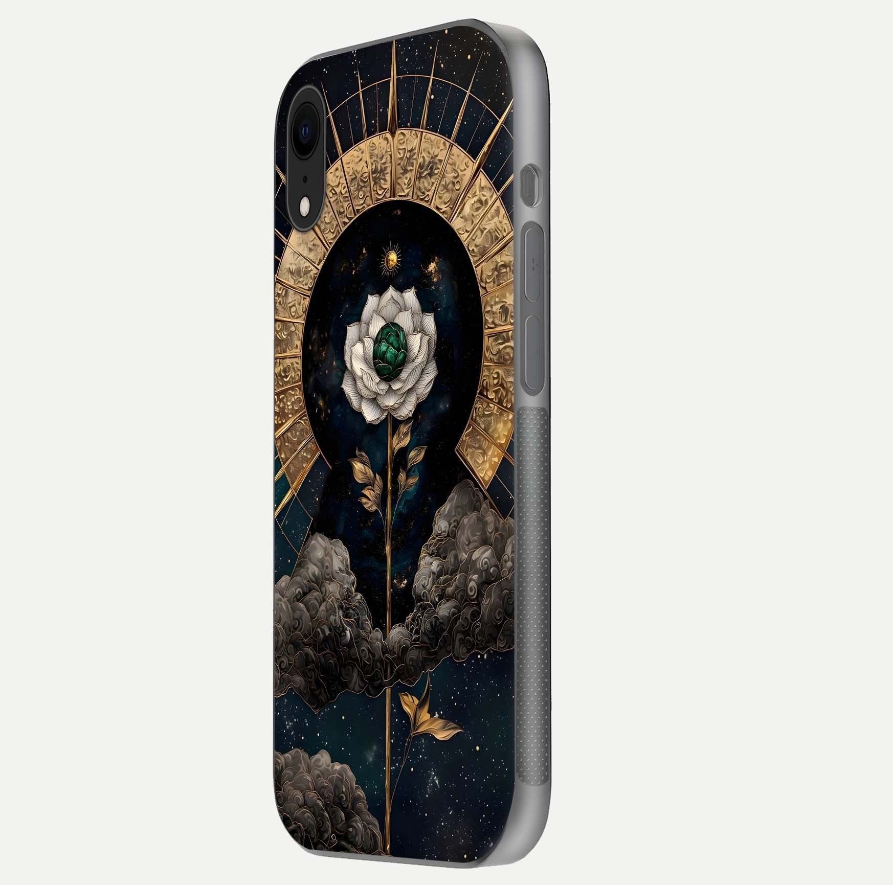 Celestial Lotus Morang Glass Case for iPhone Xr side-angle image capturing shine and smooth curvature