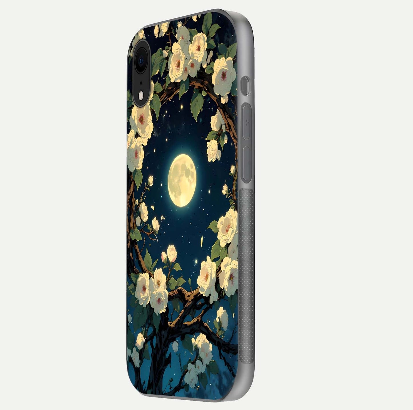 Celestial Moon & Flower Glass Case for iPhone Xr side-angle image showing edge smoothness and glow reflection