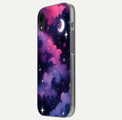 Celestial Moon Magic Glass Case for iPhone Xr side-angle shot capturing soft reflection and curved gloss