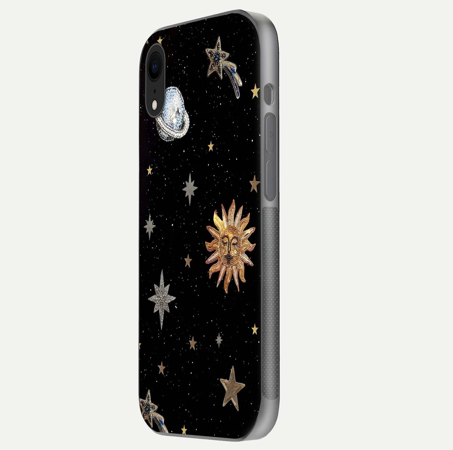 Celestial Moon With Stars Glass Case for iPhone Xr side-angle view showing curved edges and shimmer glow