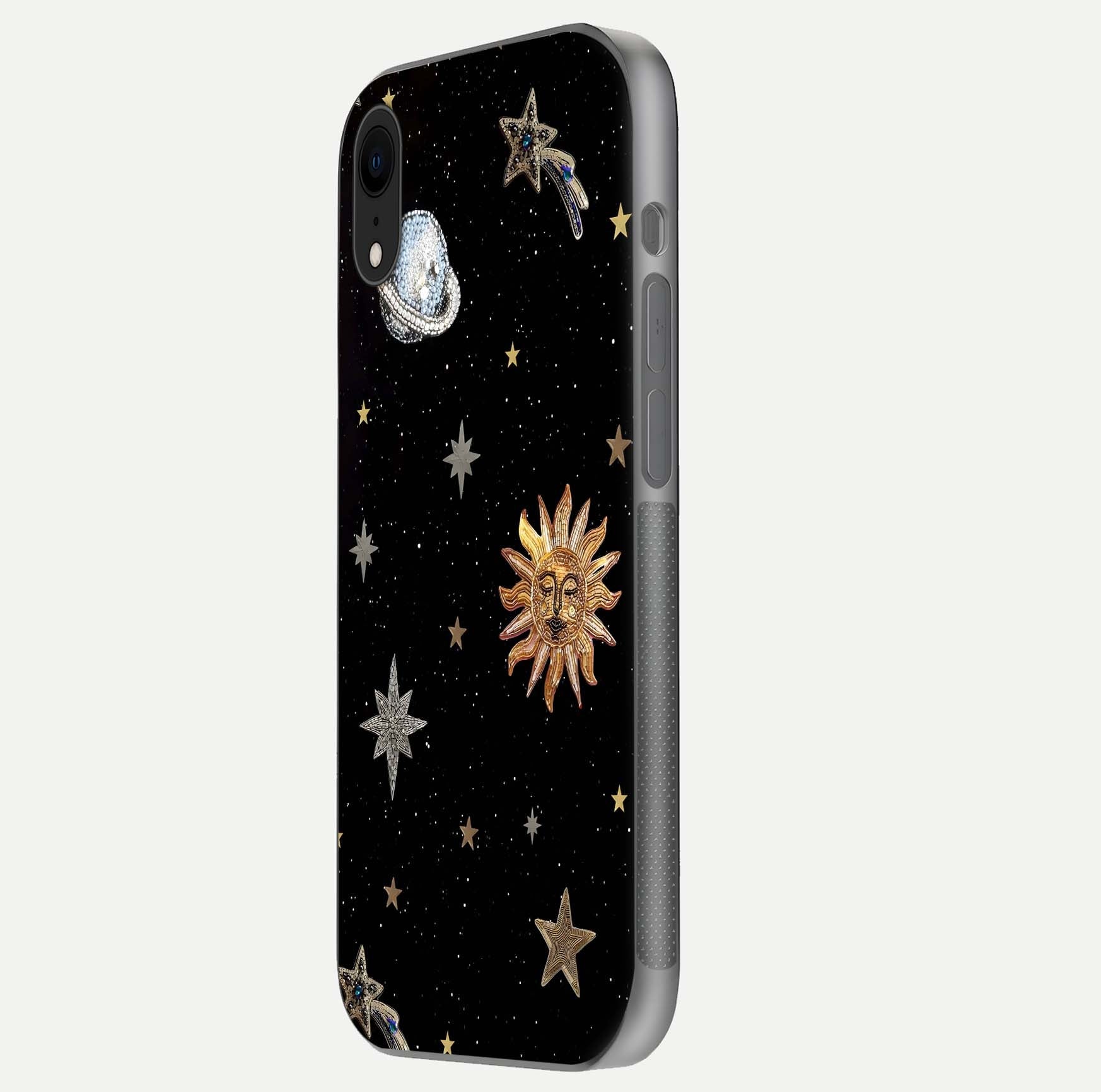 Celestial Moon With Stars Glass Case for iPhone Xr side-angle view showing curved edges and shimmer glow