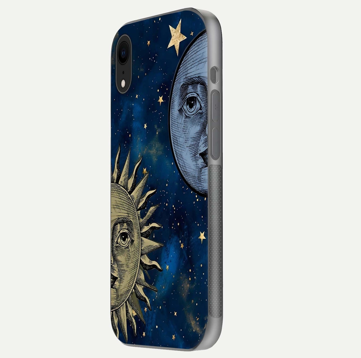 Celestial Moon With Sun Glass Case for iPhone Xr side-angle image showing reflection tones and cosmic edge