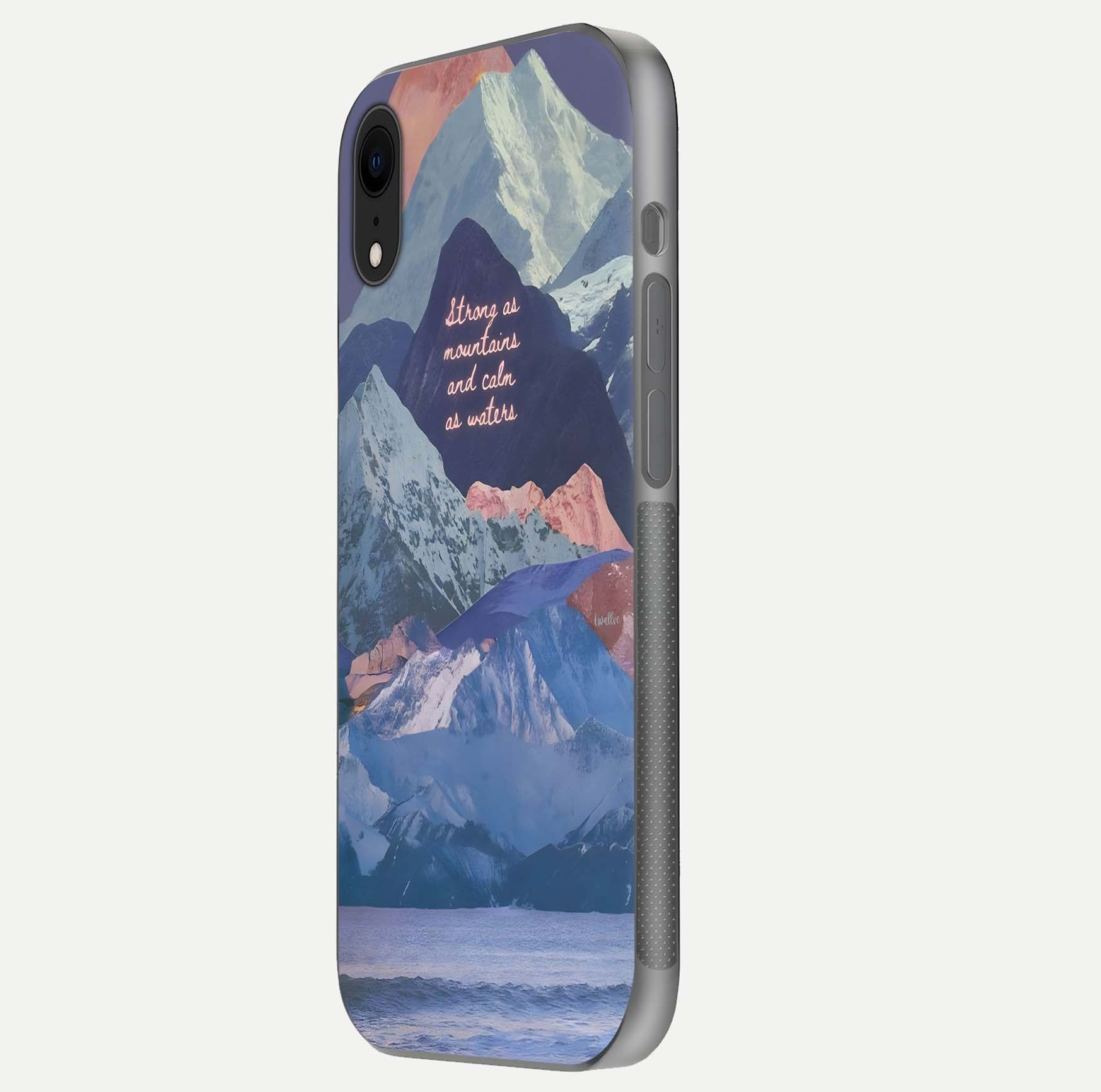 Celestial Mountain Calm Glass Case for iPhone Xr side-angle image capturing mountain detail and shine gradient