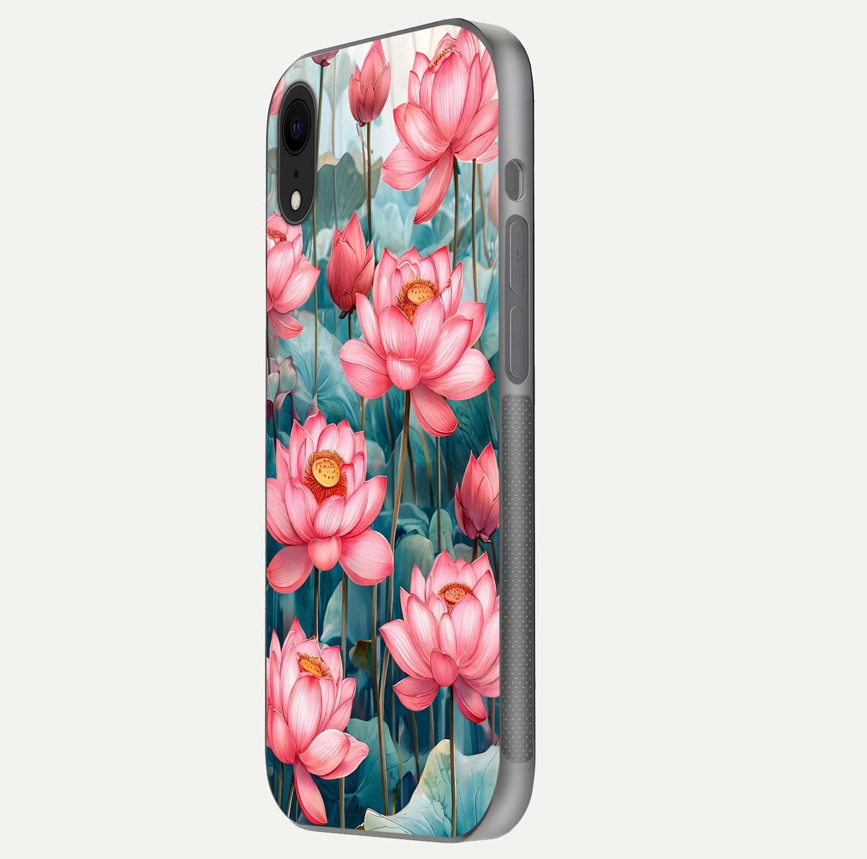Celestial Pink Lotus Glass Case for iPhone Xr side-angle image showing reflective shine and petal curve