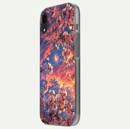 Celestial Sakura Sunset Glass Case for iPhone Xr side-angle image showing edge glow and petal texture