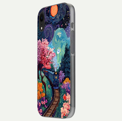 Celestial Train Journey Glass Case for iPhone Xr side-angle image showing polished curve and HD print detail
