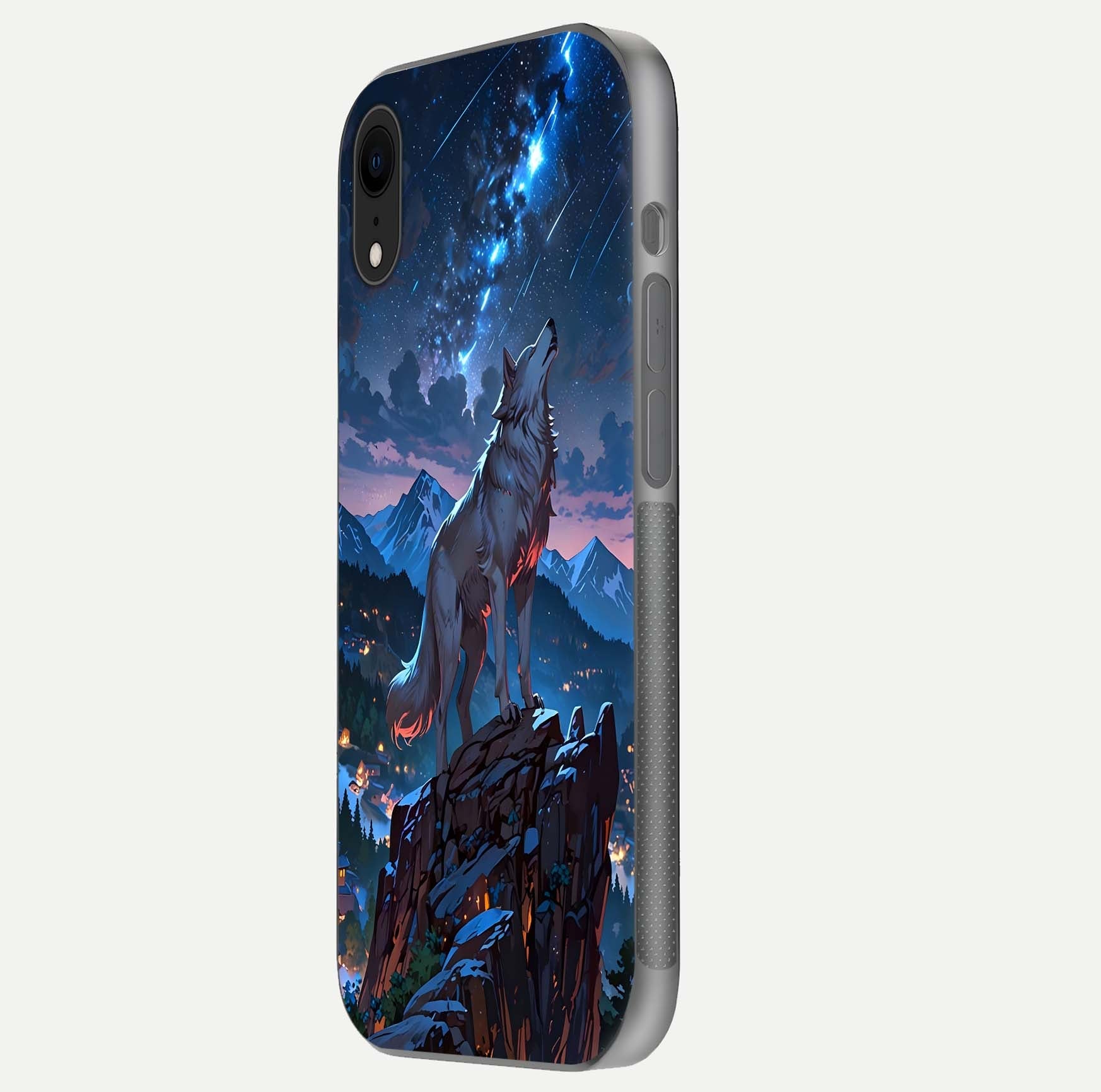 Celestial Wolf Howl Glass Case for iPhone Xr side-angle image showing curve polish and moon glow