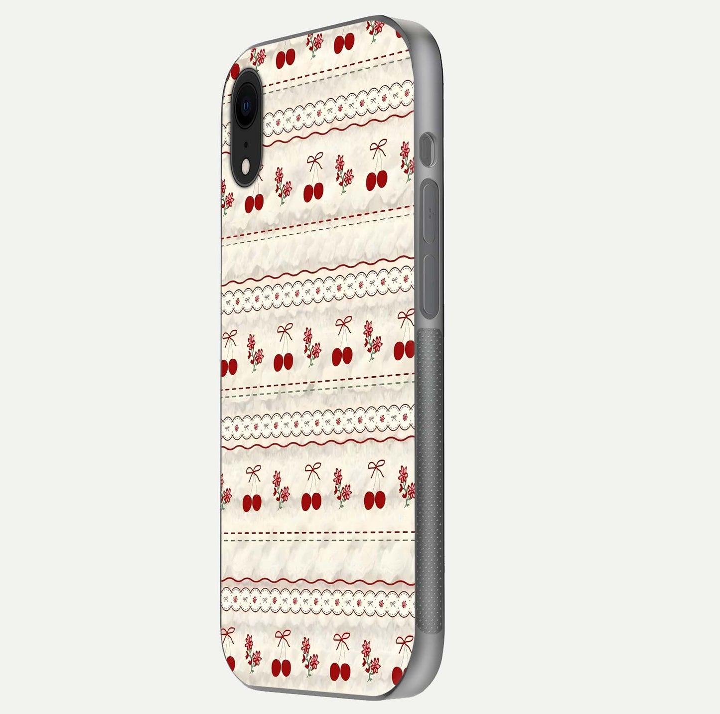 Cherry Bloom Charm Glass Case for iPhone Xr side-angle photo showing flower detail and edge light