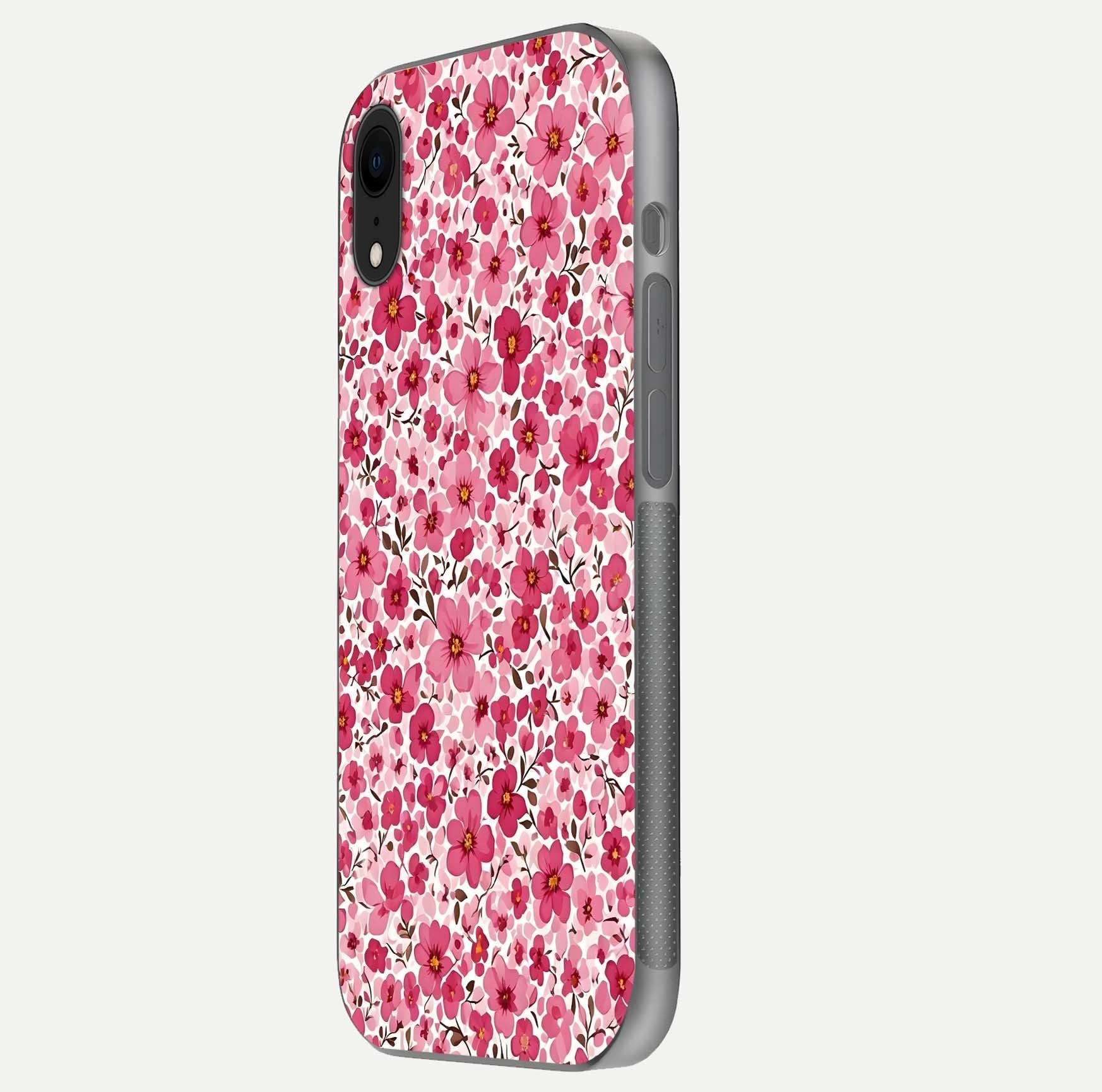 Cherry Blossom Charm Glass Case for iPhone Xr side-angle image showing reflection gloss and soft texture