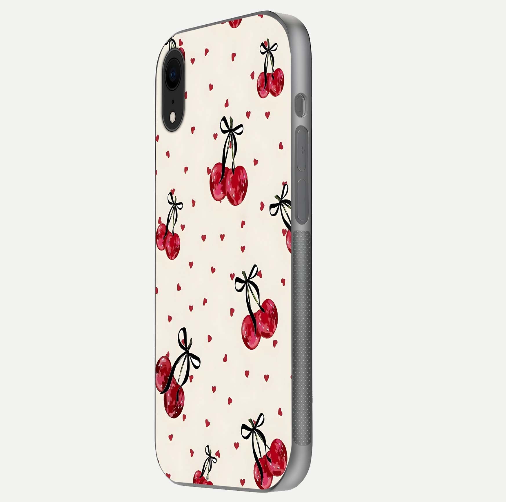 Cherry Heart Bow Glass Case for iPhone Xr side-angle image capturing gloss texture and charm bow art