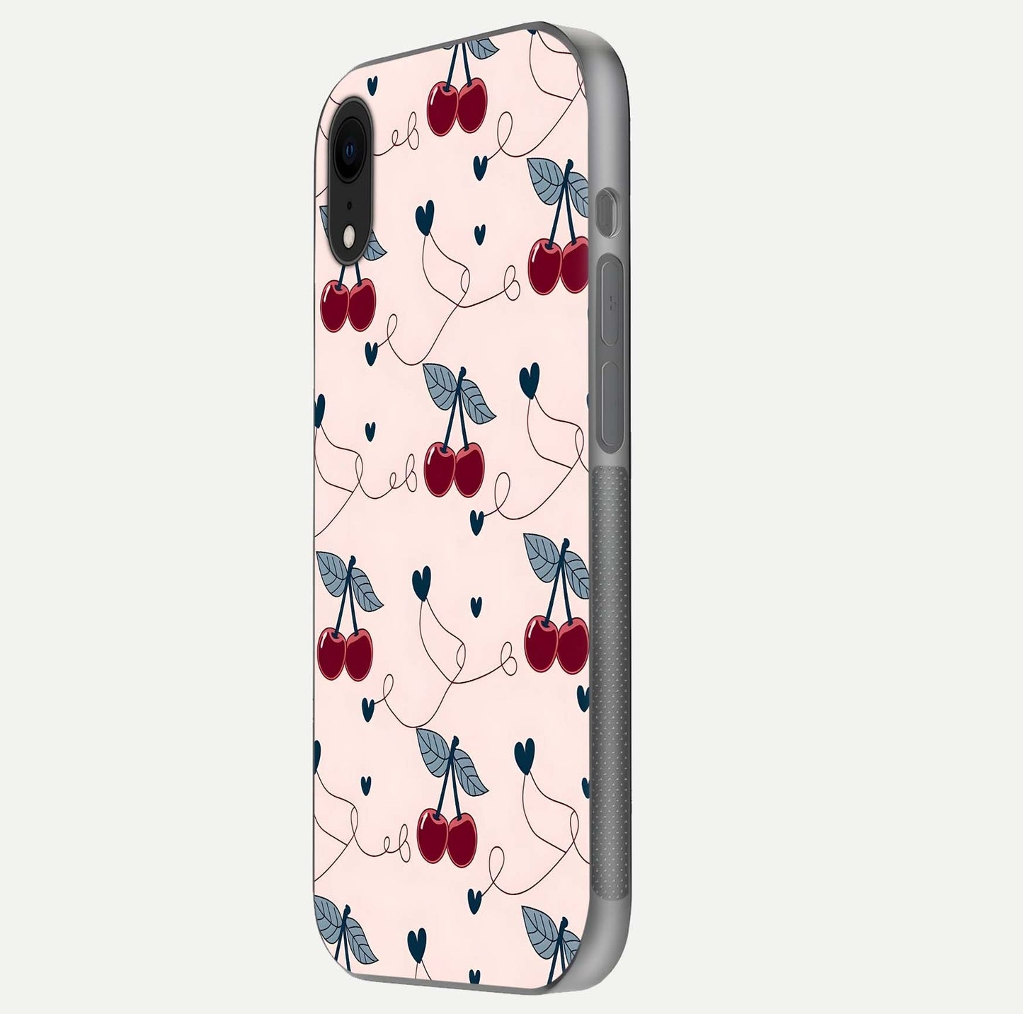 Cherry Heart Line Glass Case for iPhone Xr side-angle view capturing smooth curves and shine effect