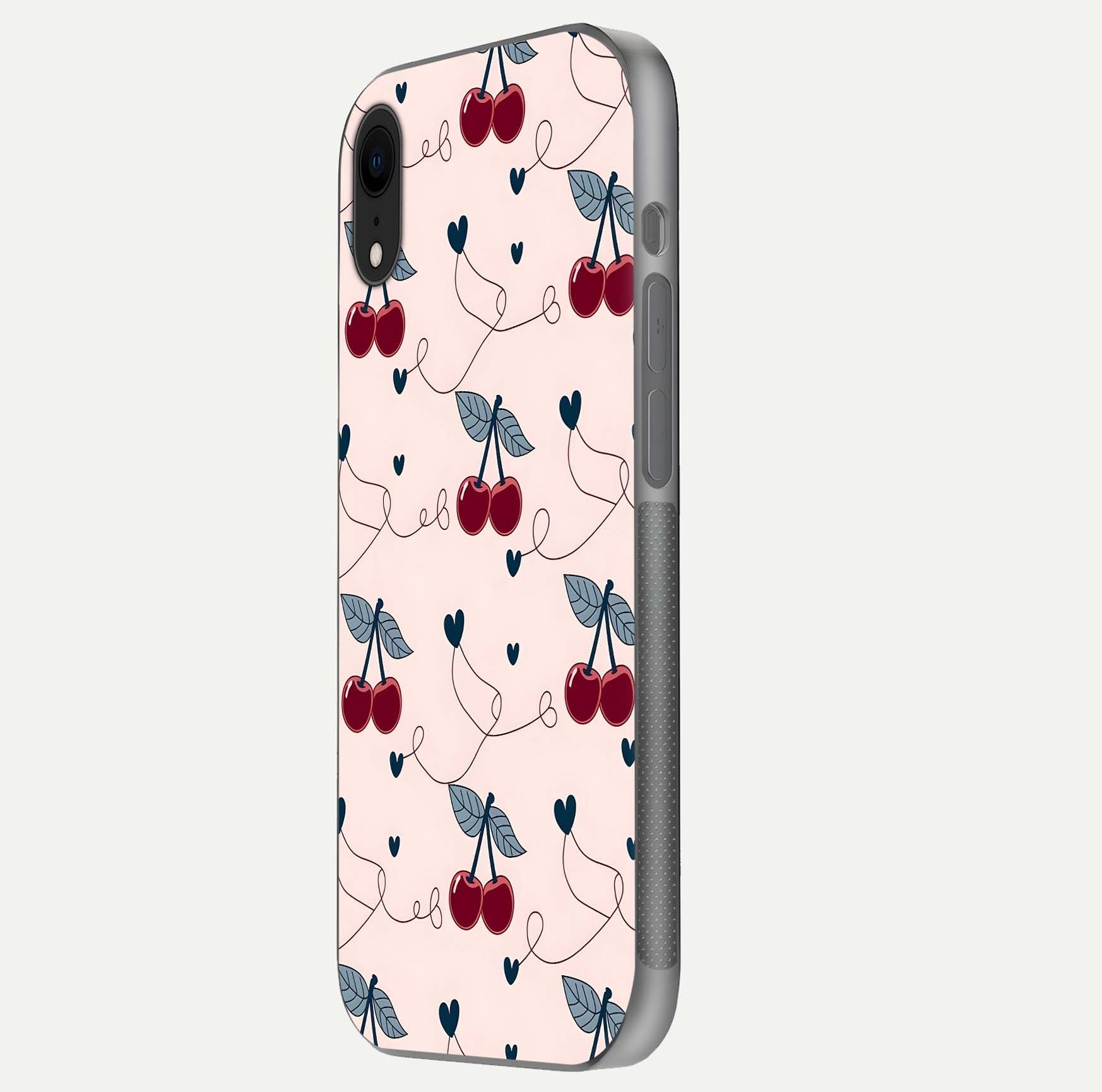 Cherry Heart Line Glass Case for iPhone Xr side-angle view capturing smooth curves and shine effect