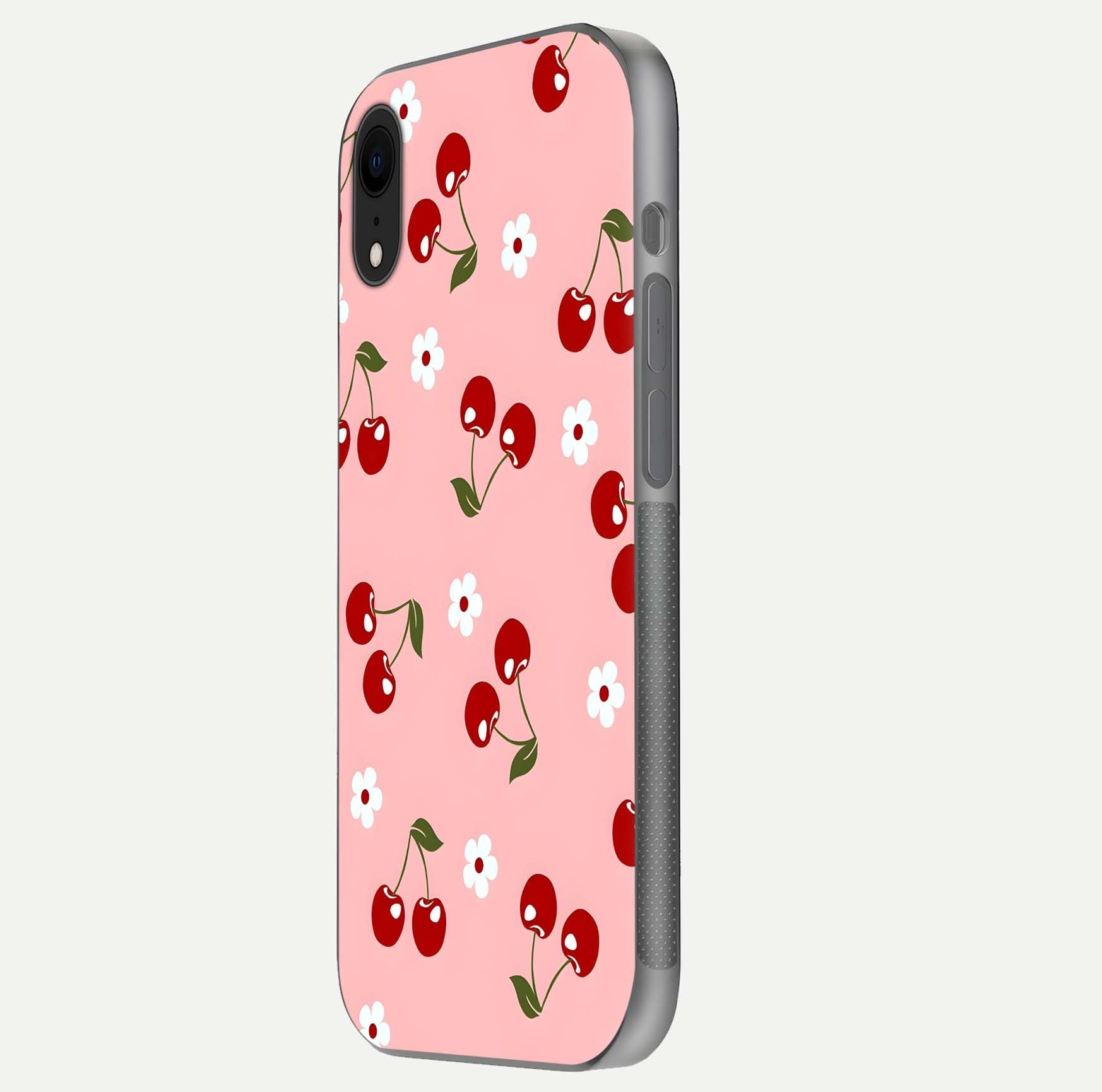 Cherry Love Mood Glass Case for iPhone Xr side-angle image capturing smooth gloss and delicate details