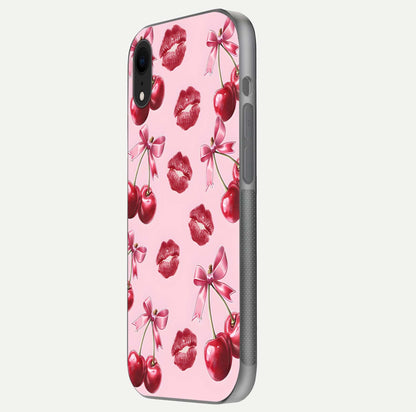 Cherry With Lips Glass Case for iPhone Xr side-angle image showing gloss reflection and fine details