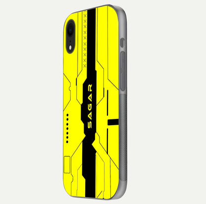 Circuit CYBERPUNK Custom Name Glass Case for iPhone Xr side-angle image showing reflective finish and design precision