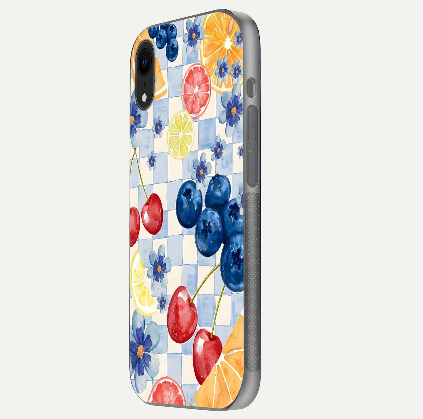 Citrus Bloom Joy Glass Case for iPhone Xr side-angle photo capturing bright color and glass reflection