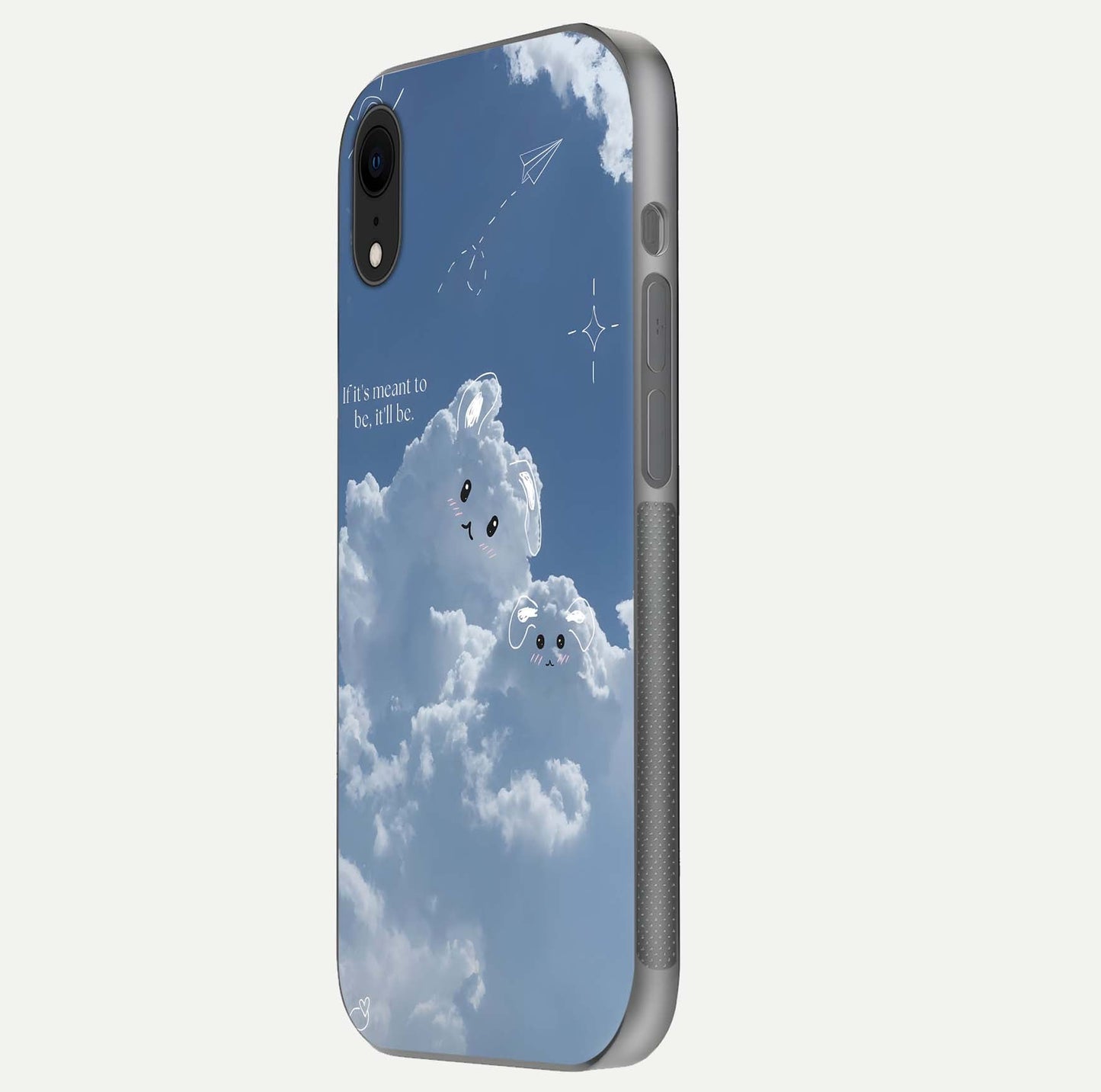 Cloud Bunny Dreams Glass Case for iPhone Xr side-angle image capturing gloss texture and edge glow