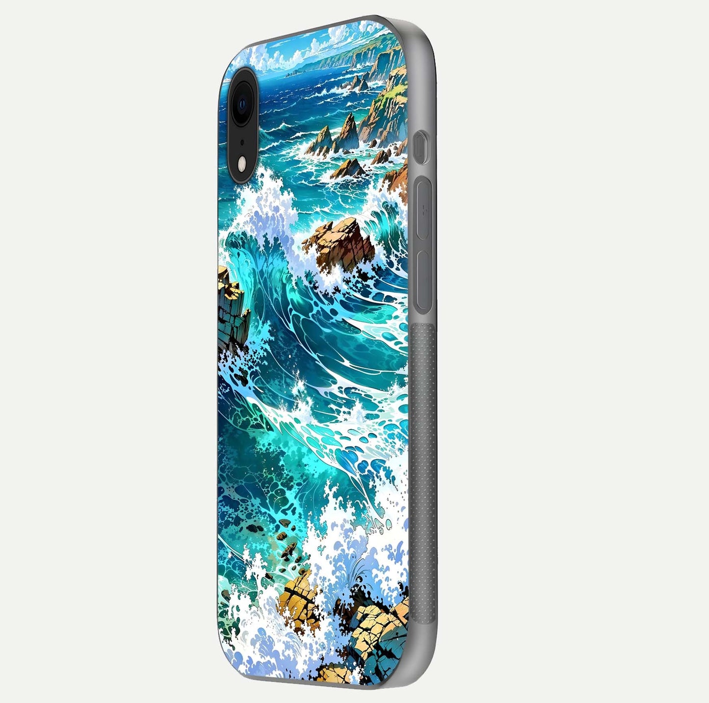 Coastal Blue Waves Glass Case for iPhone Xr side-angle photo showing gloss texture and color depth