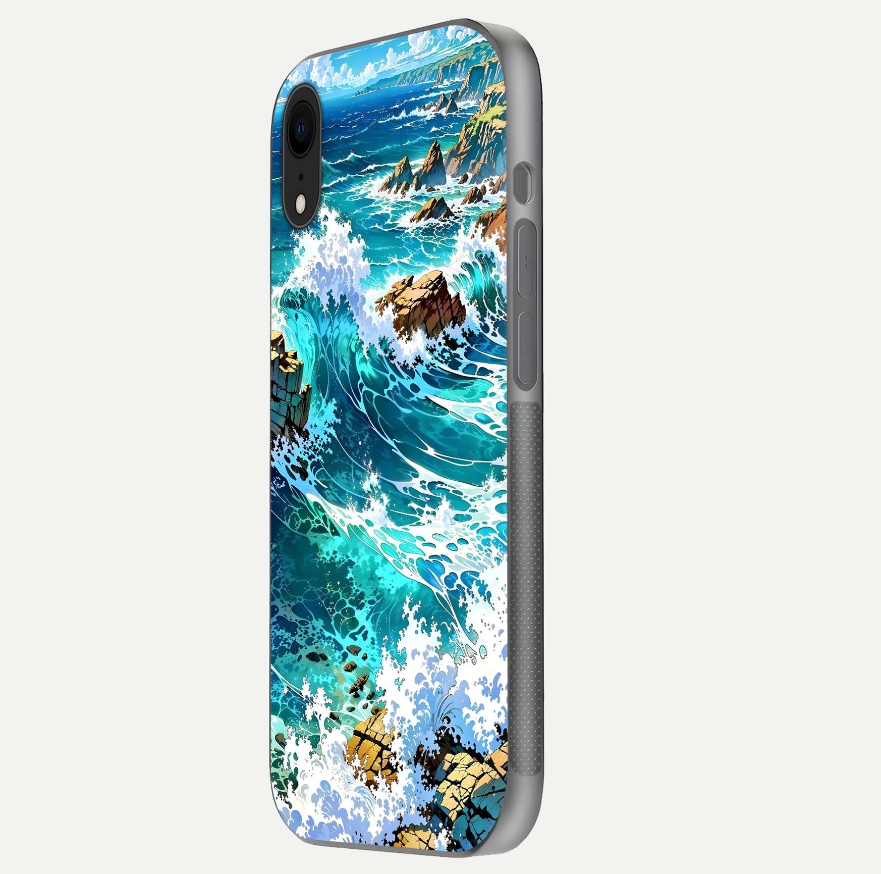 Coastal Blue Waves Glass Case for iPhone Xr side-angle photo showing gloss texture and color depth